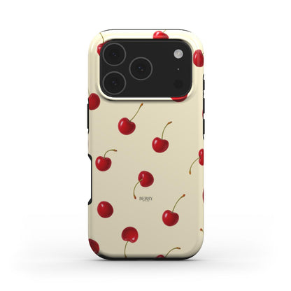 Trendy phone case with a girly, feminine cherry pattern in red and multicolored accents, offering a beautiful and aesthetic look for that girl vibe.