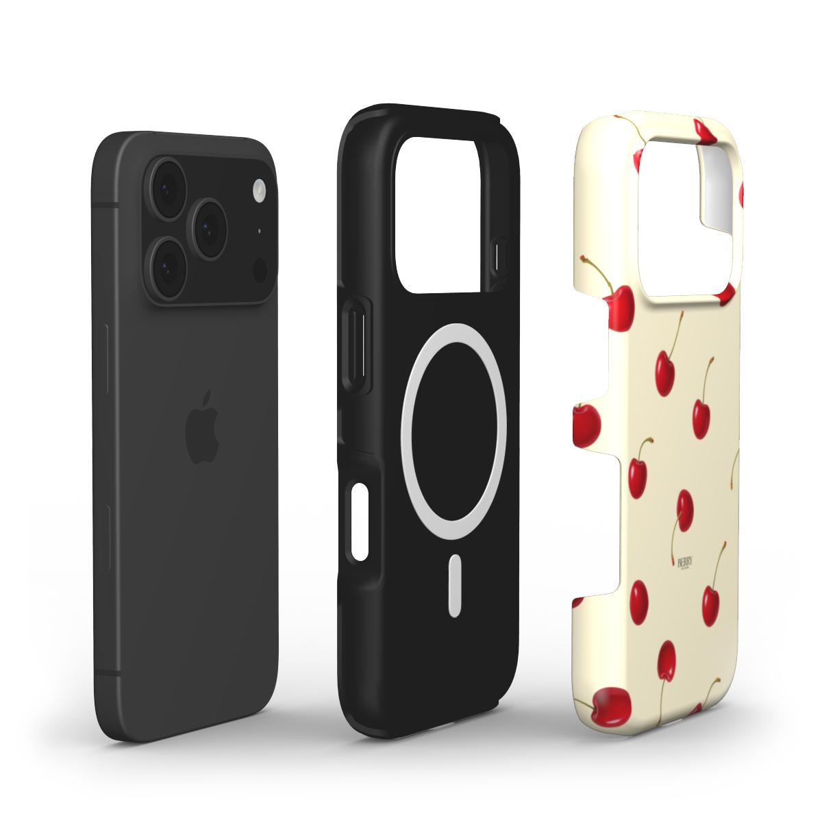 Trendy feminine phone case with vibrant red and yellow cherry pattern, combining style and protection for a beautiful, girly aesthetic.