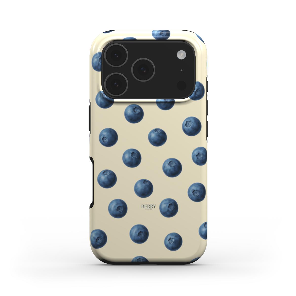 Trendy phone case featuring a feminine blueberry pattern in blå and gul colors, perfect for an aesthetic, beautiful, and popular style.
