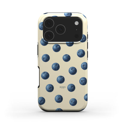 Trendy phone case featuring a feminine blueberry pattern in blå and gul colors, perfect for an aesthetic, beautiful, and popular style.