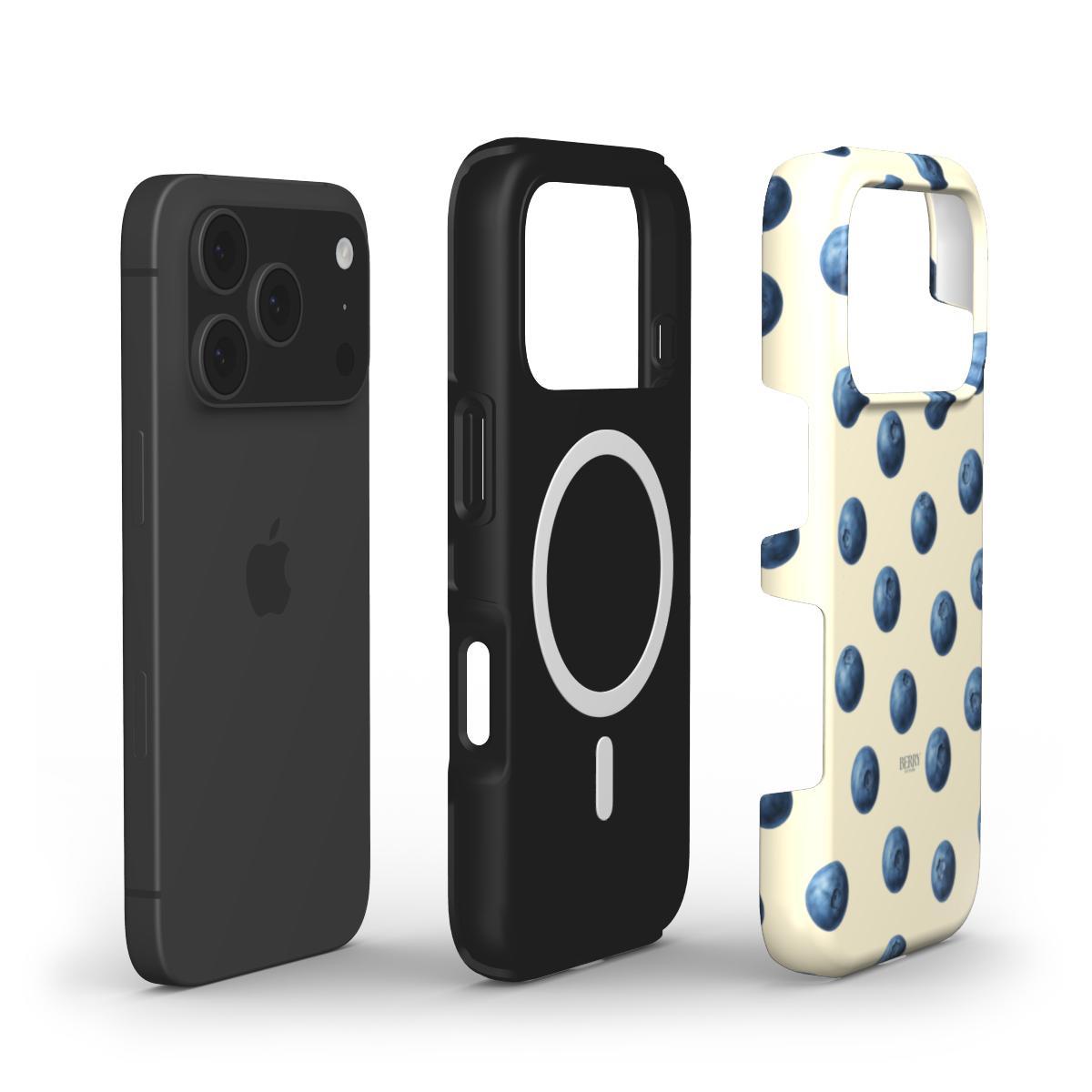 Trendy phone case with a feminine blueberry pattern in blue, yellow, and multicolor tones, designed for a stylish and popular aesthetic.