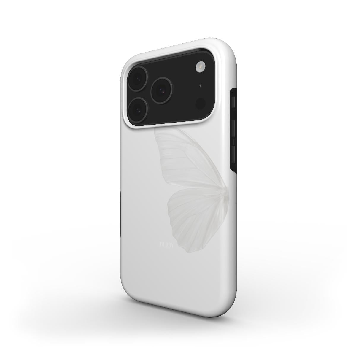 White and multicolored soft phone case featuring a delicate gray butterfly design with a trendy and feminine aesthetic.