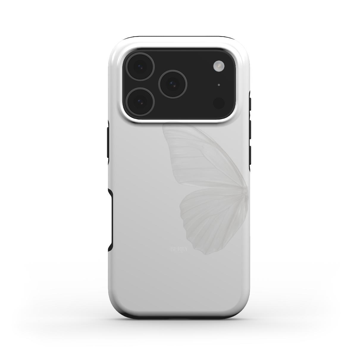 Trendy feminine phone case in white with a soft, subtle gray butterfly design for a beautiful and aesthetic look.