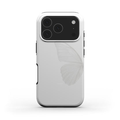 Trendy feminine phone case in white with a soft, subtle gray butterfly design for a beautiful and aesthetic look.