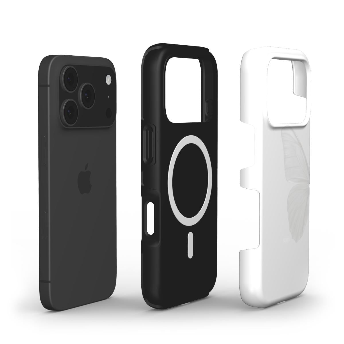 Trendy feminine phone case set featuring white with subtle butterfly detail and solid gray tones, designed for a stylish and aesthetic look.