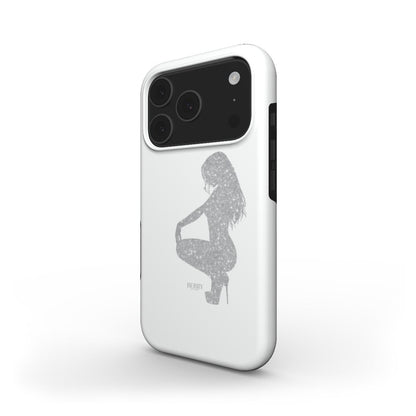 Trendy phone case in white with a silver glitter silhouette of a feminine figure, combining a stylish and aesthetic girly design.