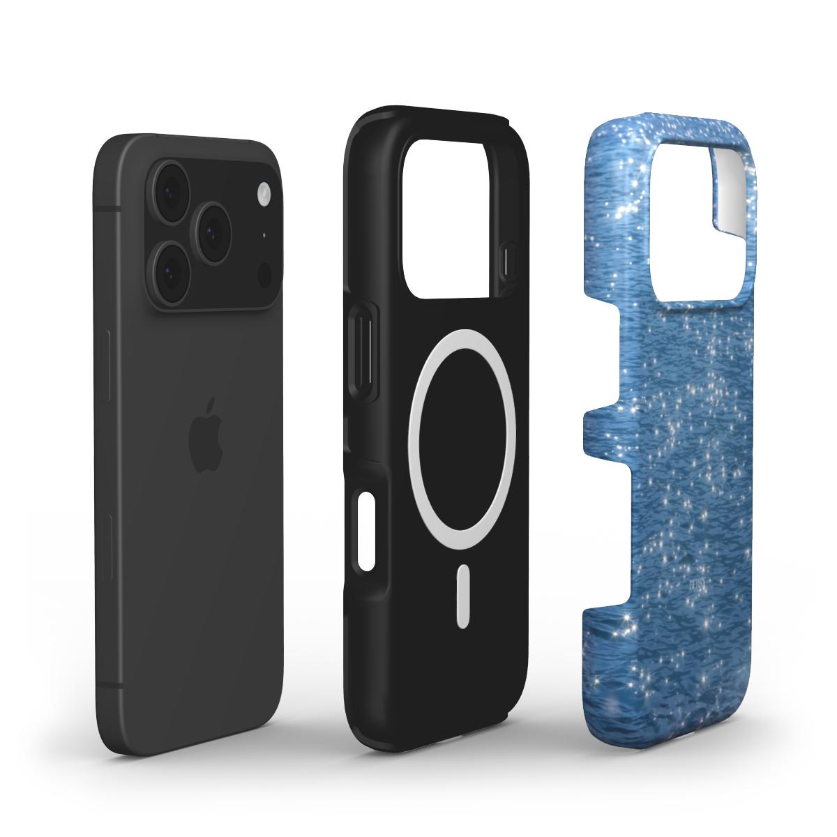 Trendy feminine phone case in blue with a multicolored shimmering pattern, designed to complement a stylish summer look.