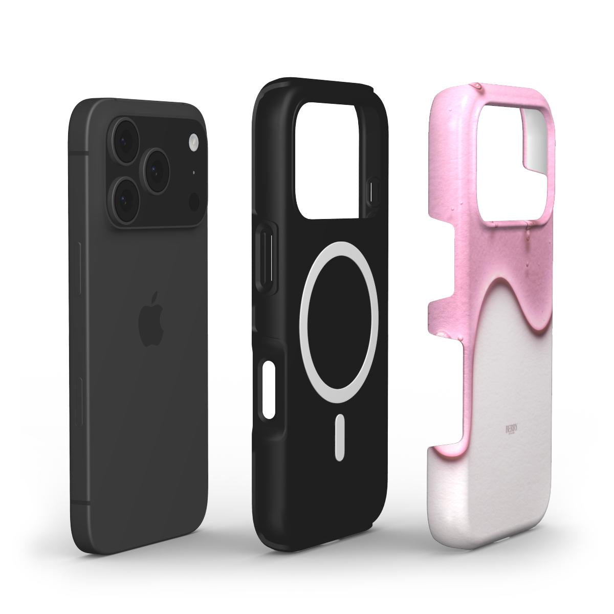 Trendy phone case set featuring a sleek black design and a feminine pink and white multicolor pattern with a stylish dripping effect.