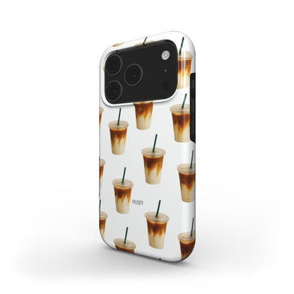 Trendy phone case with a feminine, multicolored iced latte pattern in white, brown, and beige, perfect for a stylish, popular look.