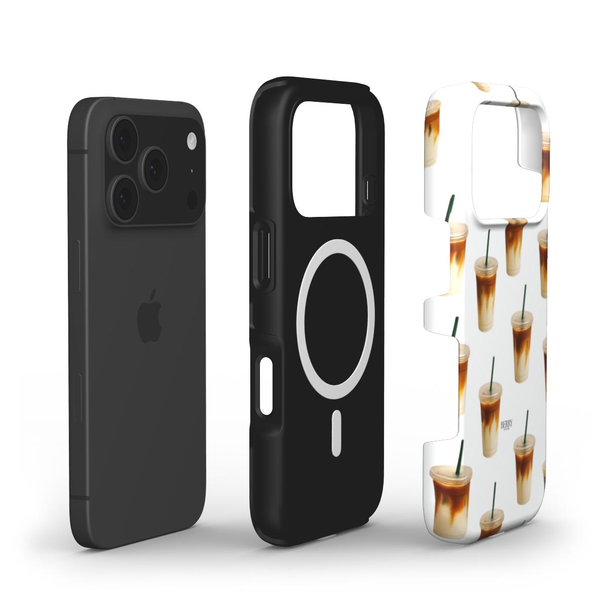 Trendy phone case in white with iced latte pattern featuring brown and beige tones, combining aesthetic and feminine style for a popular, beautiful accessories look.