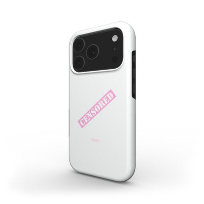Trendy white phone case with a pink "Censored" print, featuring a clean and girly design with aesthetic and feminine appeal.
