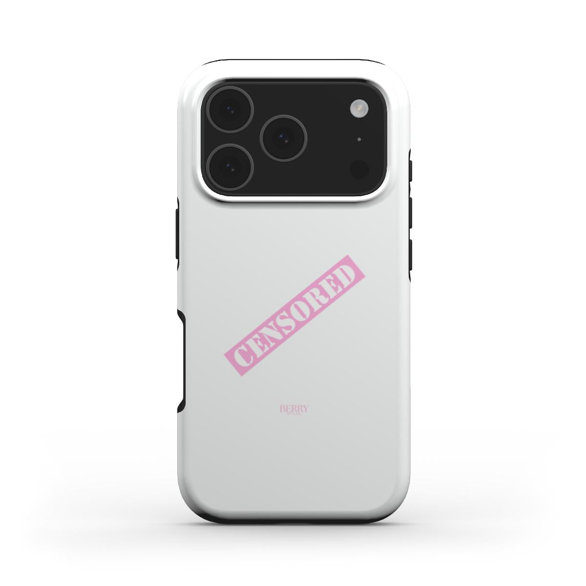 Trendy feminine phone case in pink and white with a playful censored print, featuring a clean and aesthetic design for a stylish girly look.