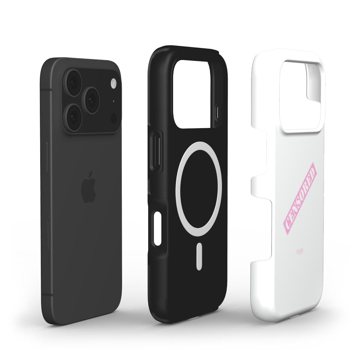 Trendy phone case set with a clean black design and a stylish white case featuring a pink "CENSORED" print, perfect for a girly, feminine look.