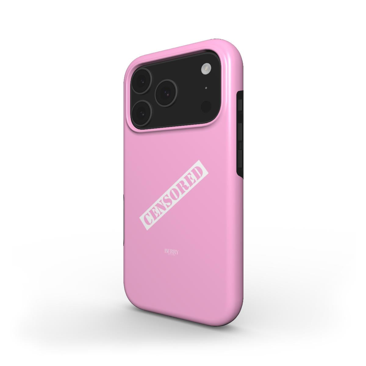 Trendy pink phone case with feminine flair featuring a bold "Censored" print, combining girly charm and popular aesthetic for a stylish, colorful look.