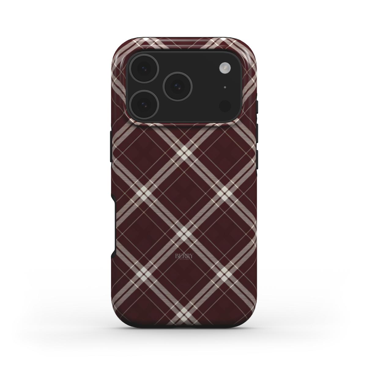 Trendy phone case with a multicolored red plaid pattern, combining feminine charm and cozy style for a beautiful, popular everyday accessory.