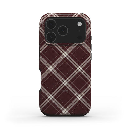 Trendy phone case with a multicolored red plaid pattern, combining feminine charm and cozy style for a beautiful, popular everyday accessory.