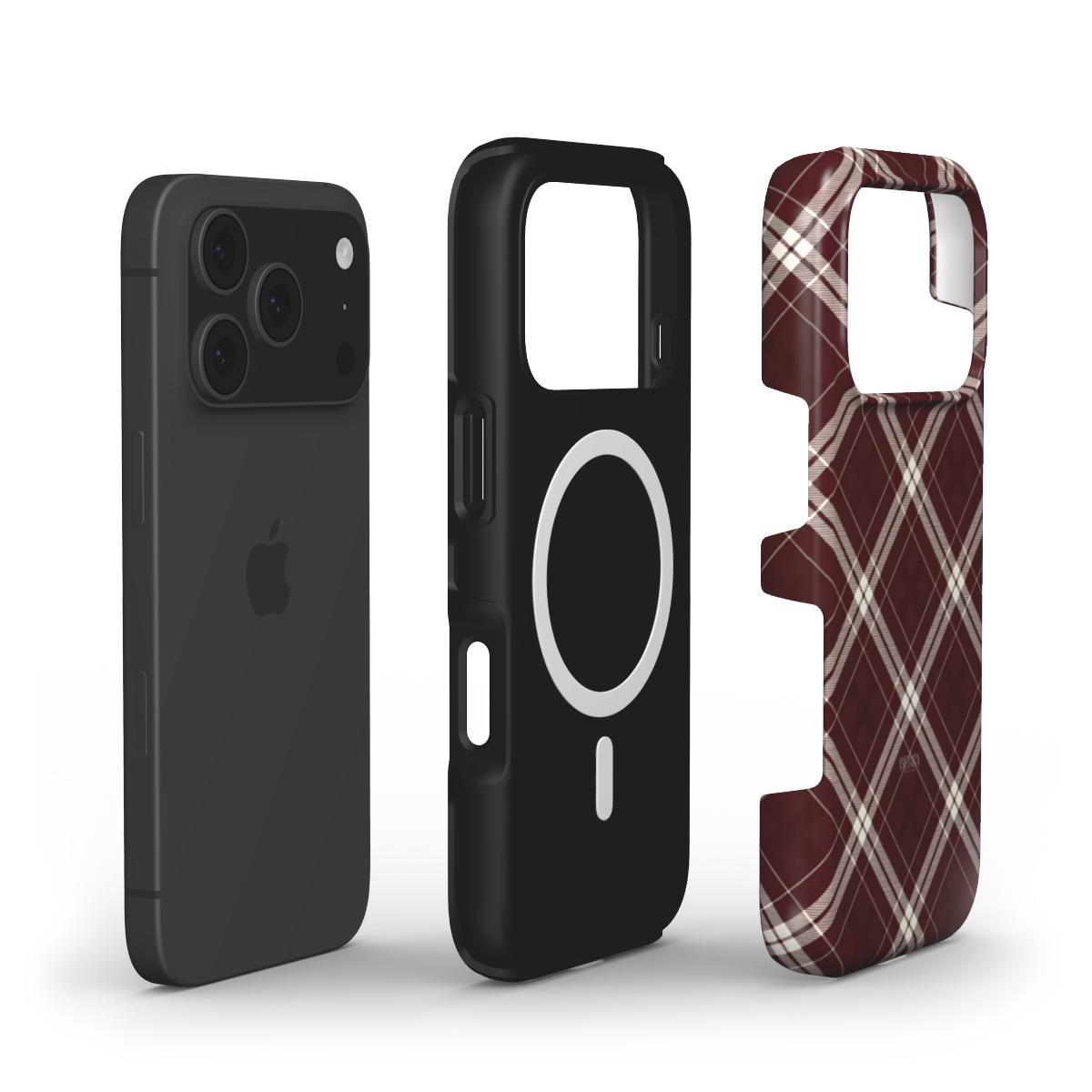 Trendy phone case in multicolored red plaid pattern, designed for a feminine and cozy aesthetic with stylish protective features.