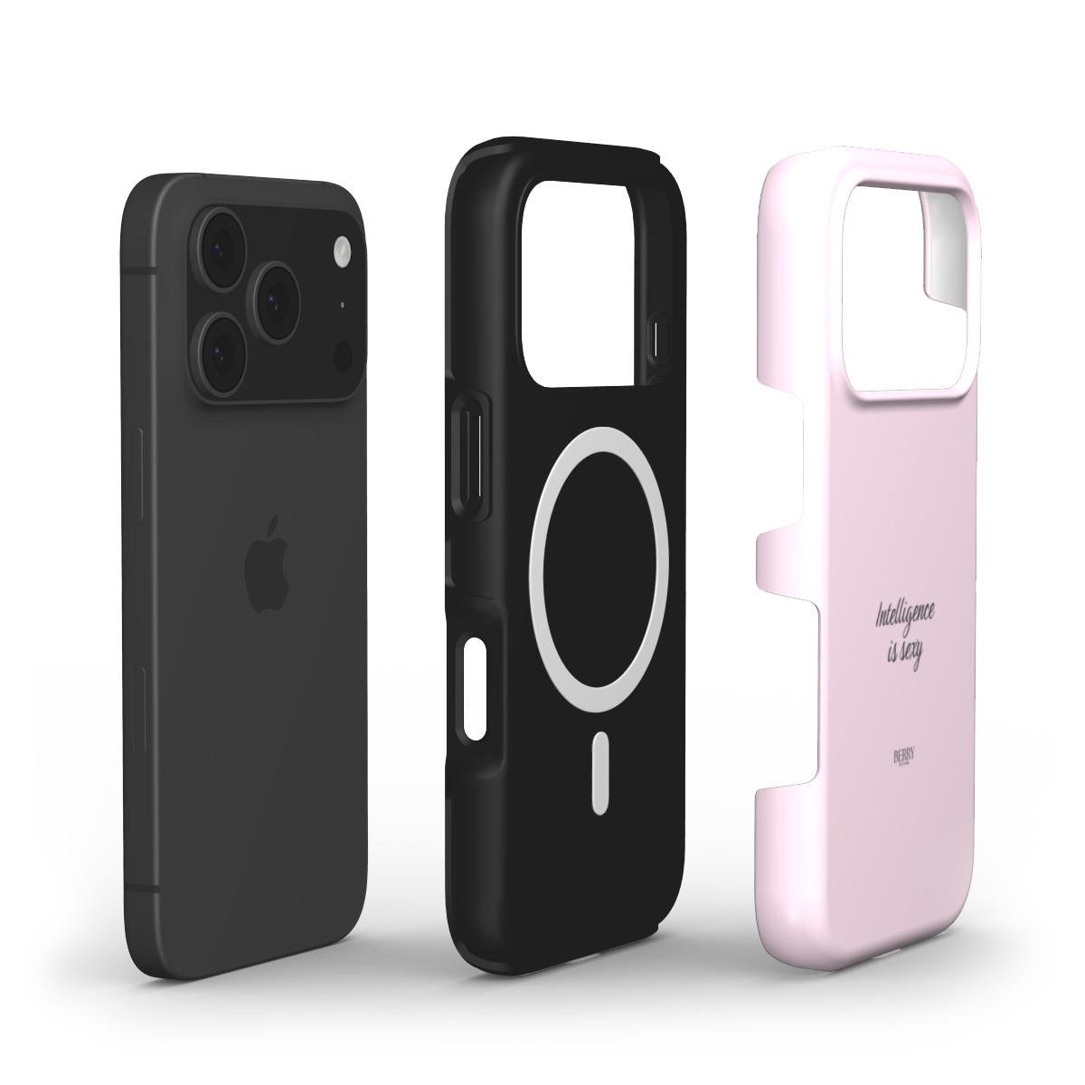 Pink trendy phone case with a feminine aesthetic and stylish design, featuring a popular that girl vibe and the phrase "Intelligence is sexy" on the back.