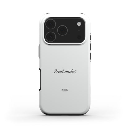 White trendy phone case with minimalist black text "Send nudes" and subtle branding, combining a girly and aesthetic style for a popular feminine look.