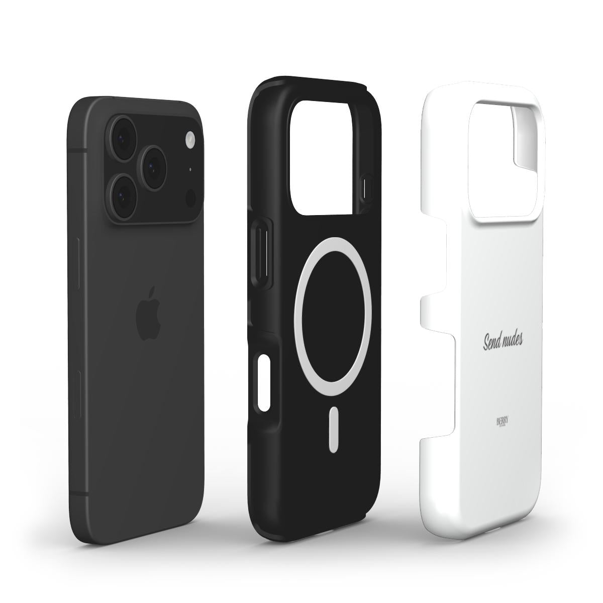 White Send N*des Clean phone case with sleek, trendy design alongside a black MagSafe-compatible phone case and a black smartphone.