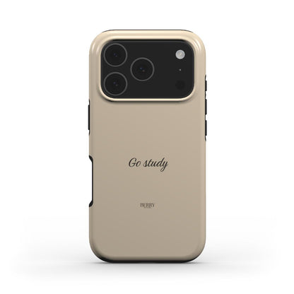 Beige trendy phone case with a minimalist "Go study" script, combining a feminine and aesthetic design for a popular stylish look.