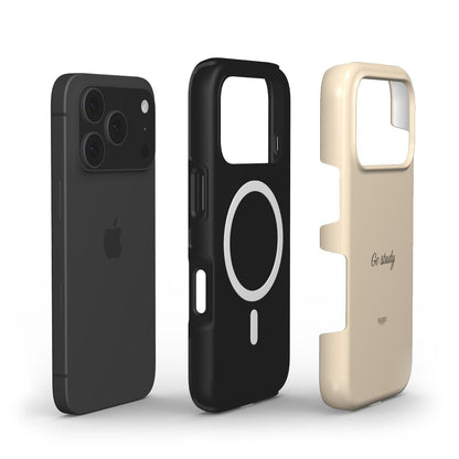 Elegant beige phone case with minimalist design and "Go study" text, paired with a sleek black magnetic phone cover for trendy feminine style.