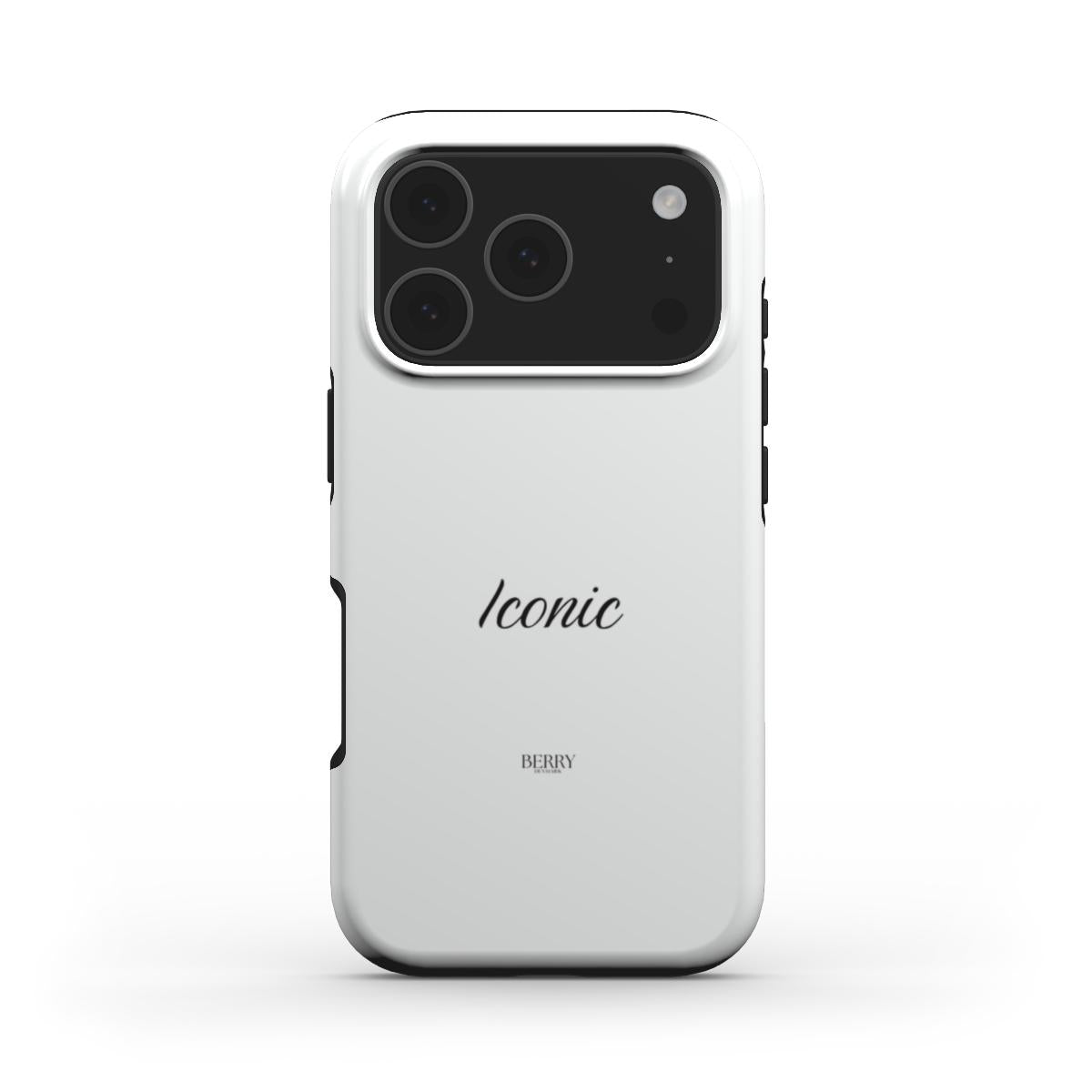 Trendy white phone case featuring a sleek minimalist design with "Iconic" script, combining feminine charm and modern stylish appeal.