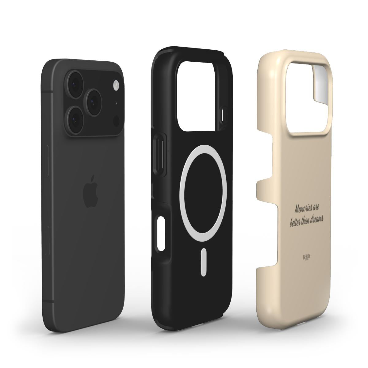 Beige trendy phone case with "Memories Are Better Than Dreams" text, shown alongside black phone and magnetic black protective phone case.