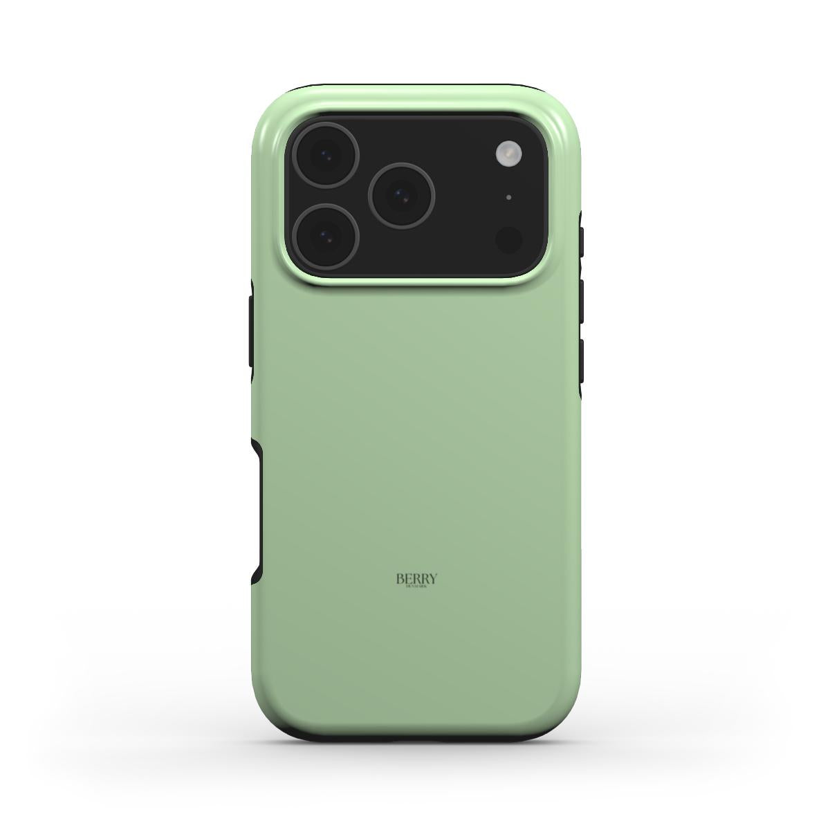 Trendy feminine phone case in soft grøn with sleek minimalist design and subtle Berry Denmark branding for a beautiful, fresh aesthetic look.