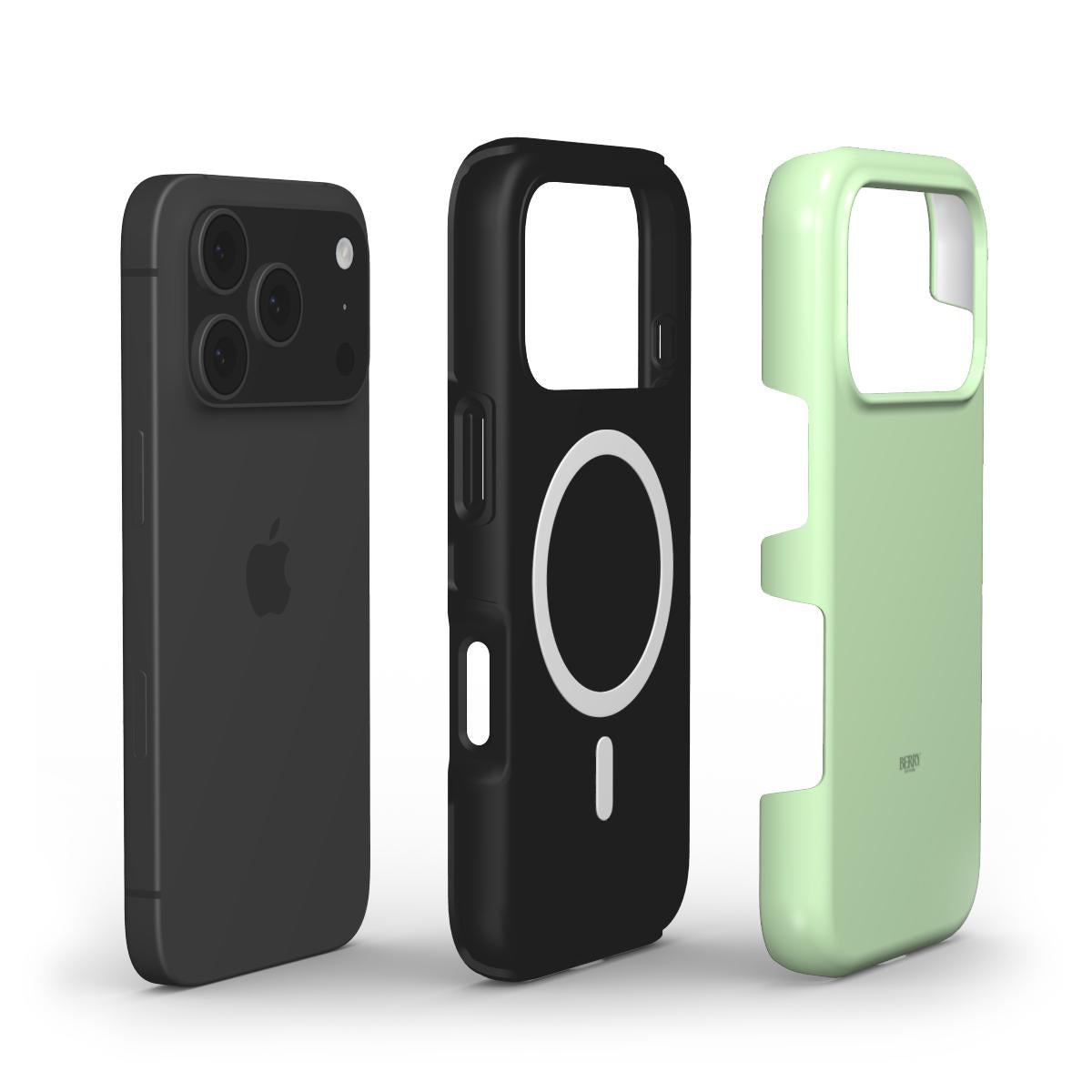 Trendy green phone case with sleek design and magnetic feature, paired with a stylish black accessory for a feminine and popular look.
