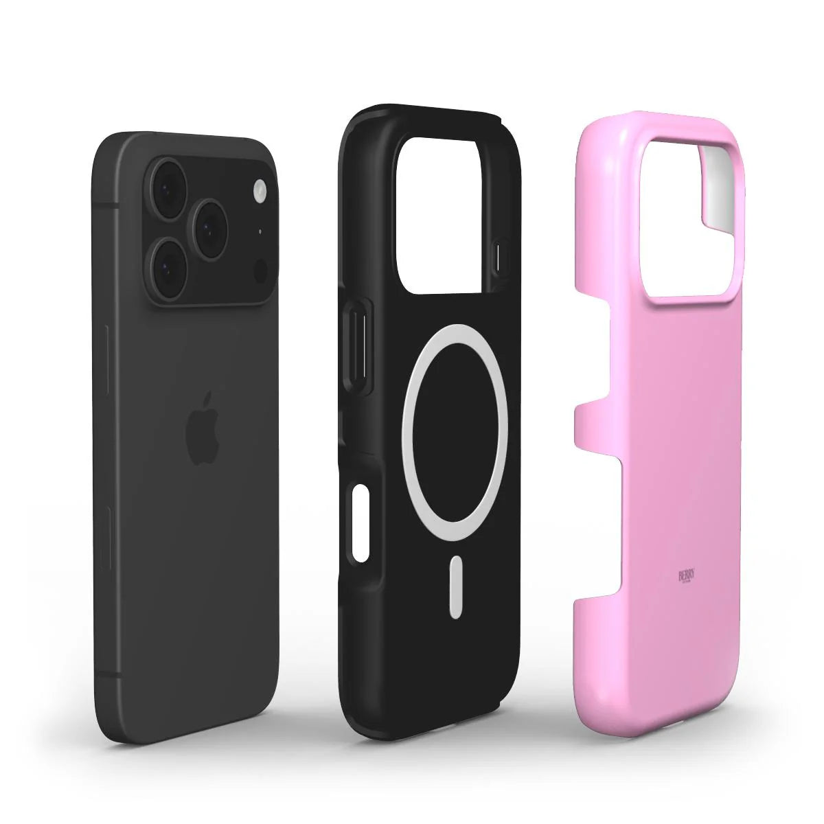 Stylish trendy phone cases in black and hot pink, featuring a sleek magnetic design with a feminine and popular girly aesthetic.