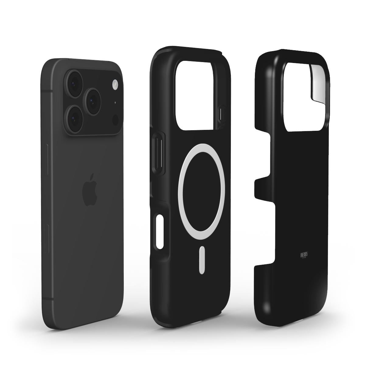 Black phone case with magnetic ring for wireless charging and protective back cover, sleek and trendy design inspired by Midnight aesthetic.