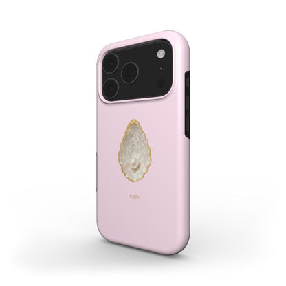 Trendy feminine pink phone case featuring a pearly shell design, blending girly elegance with a beautiful, popular aesthetic.