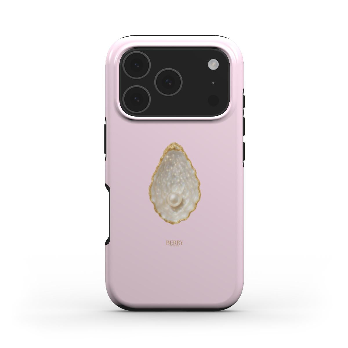 Trendy pink phone case with a pearly oyster shell design, offering a feminine and beautiful aesthetic for that girl style look.