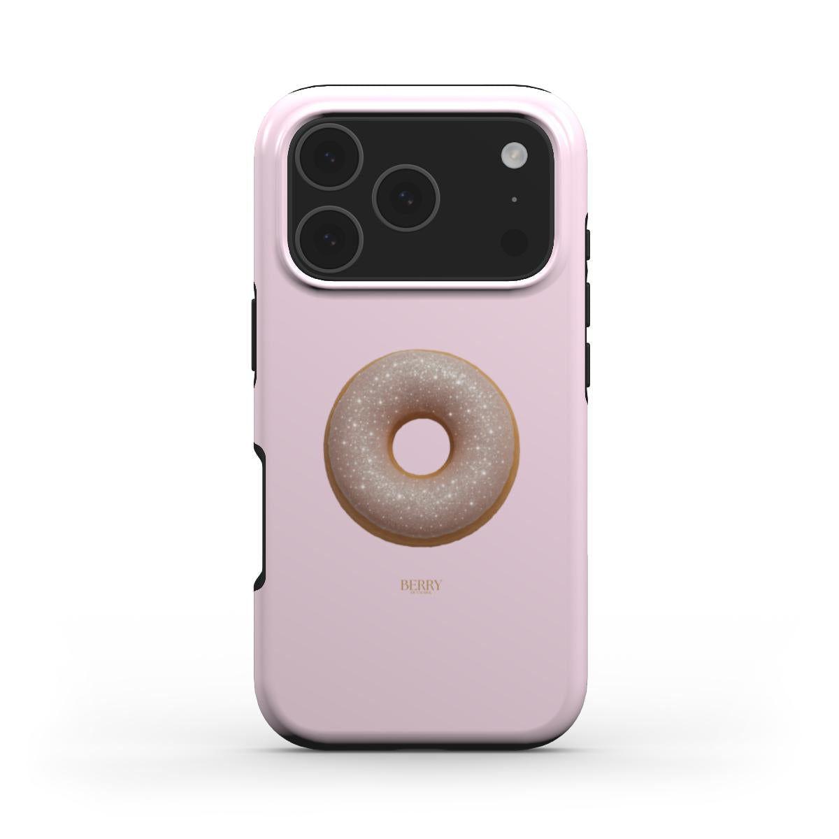 Pink phone case featuring a trendy beige and gold donut design with a feminine and aesthetic girly style, perfect for a popular, beautiful look.