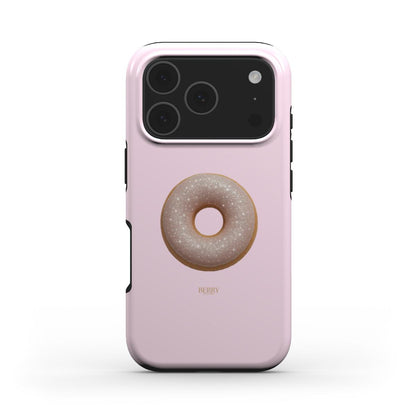 Pink phone case featuring a trendy beige and gold donut design with a feminine and aesthetic girly style, perfect for a popular, beautiful look.
