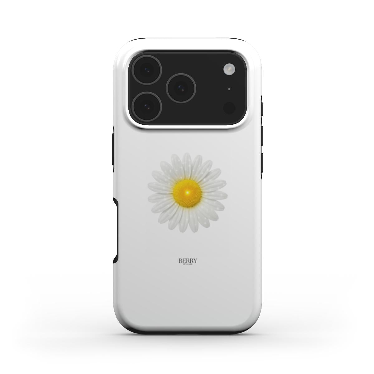 Trendy phone case with a simple, feminine daisy design featuring white petals and a golden yellow center on a clean white background.