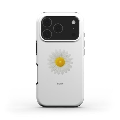 Trendy phone case with a simple, feminine daisy design featuring white petals and a golden yellow center on a clean white background.