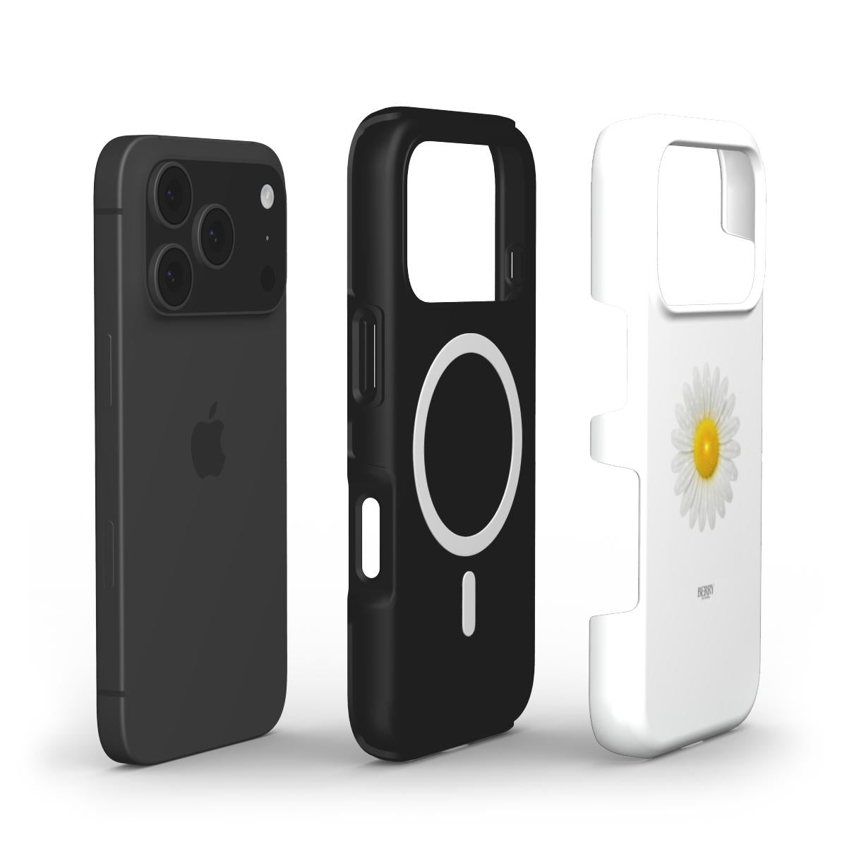 Trendy feminine phone cases featuring a sleek black design with magnetic ring and a colorful white case adorned with a bright yellow daisy pattern.