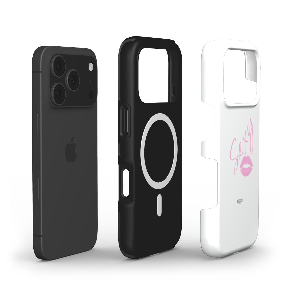 Trendy phone case with a pink "Sexy" text and lips design, featuring a colorful, feminine, and girly aesthetic with a pink and multicolor pattern.
