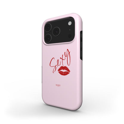 Pink phone case with red lips and "Sexy" handwritten text, trendy and feminine design perfect for that girly, aesthetic style.