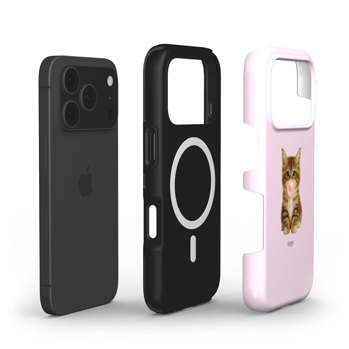 Trendy feminine phone case in pink with a cute multicolored kitten design, combining aesthetic girly charm with popular fun style.