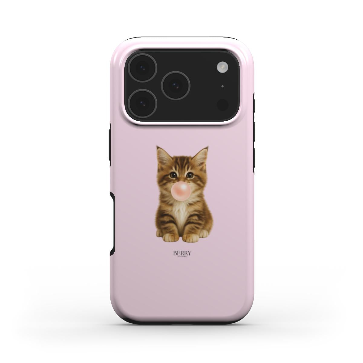 Trendy pink phone case featuring a cute brown kitten blowing a bubblegum bubble with a feminine and playful vibe.