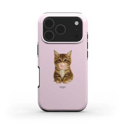 Trendy pink phone case featuring a cute brown kitten blowing a bubblegum bubble with a feminine and playful vibe.