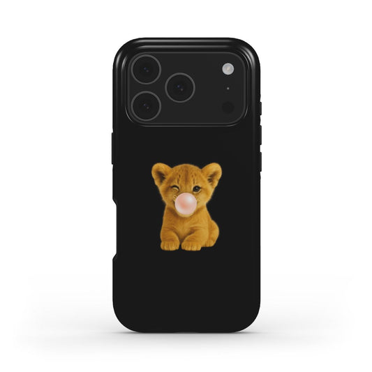 Black phone case with a cute lion cub blowing a bubblegum bubble, combining trendy girly charm with a playful and feminine aesthetic.