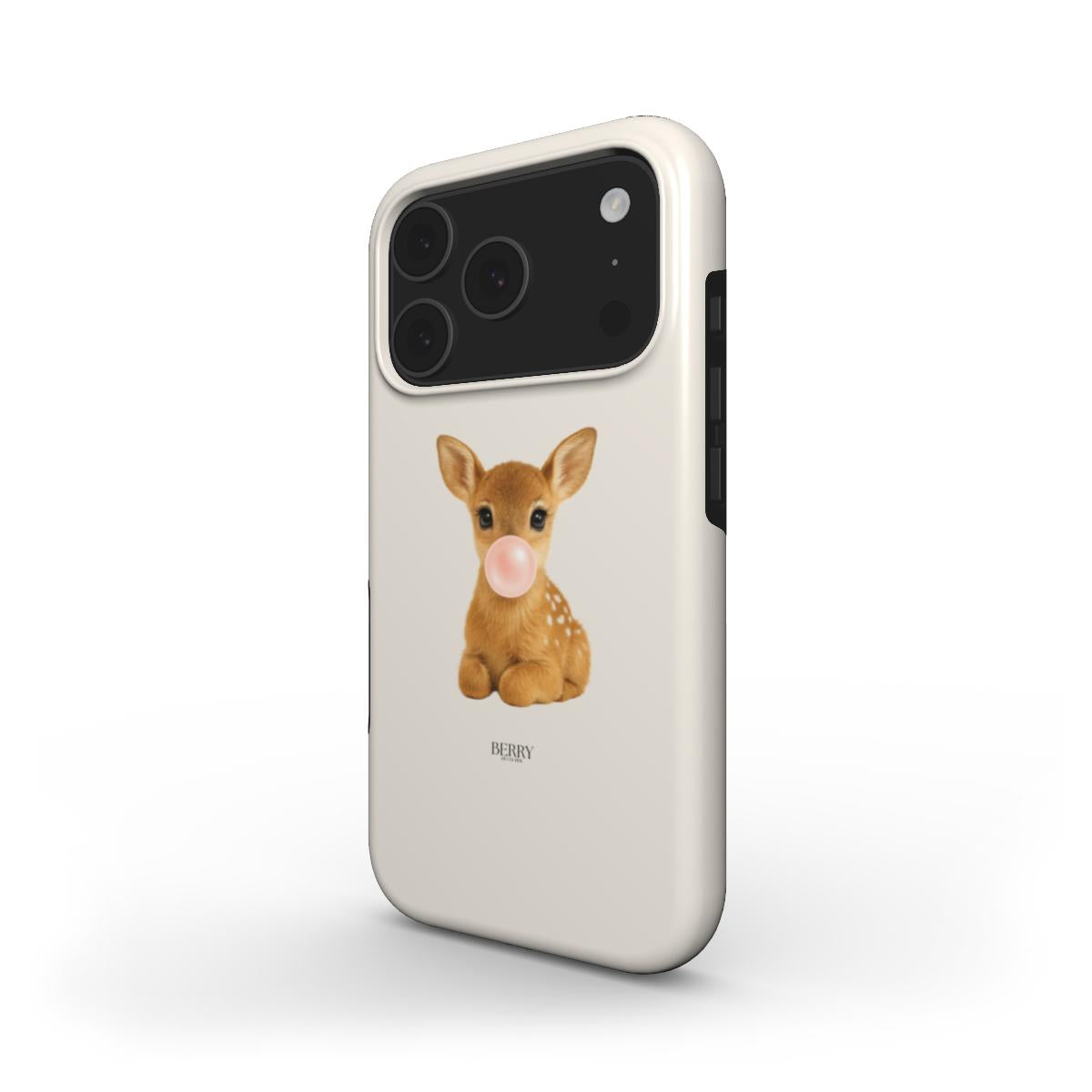 Trendy phone case with a charming soft teddy deer blowing a bubblegum bubble, showcasing a girly and feminine aesthetic perfect for that girl vibe.