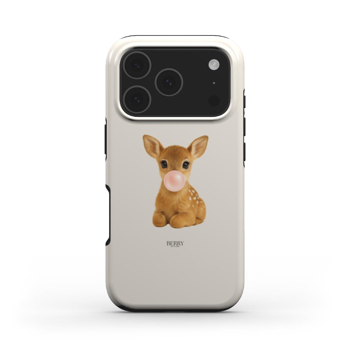 Trendy phone case featuring a cute, girly fawn blowing a bubblegum bubble on a soft, feminine background for that aesthetic, popular vibe.