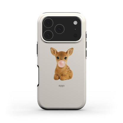 Trendy phone case featuring a cute, girly fawn blowing a bubblegum bubble on a soft, feminine background for that aesthetic, popular vibe.
