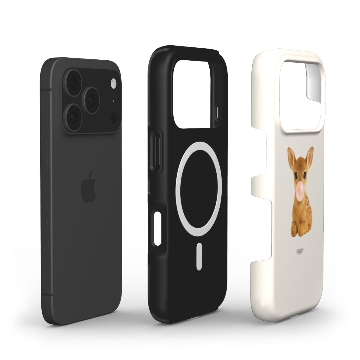 Set of three phone cases including sleek black, black with circular design, and white featuring a cute fawn blowing bubblegum, trendy and feminine style.