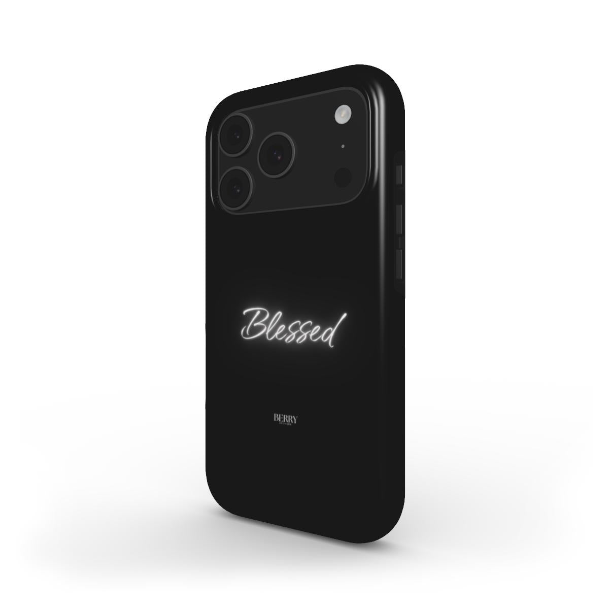 Sleek black phone case with glowing "Blessed" text in trendy script, embodying a feminine and aesthetic vibe for a stylish and popular look.